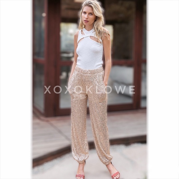 POL Champagne Gold Sequin Sparkle Elastic Waist Joggers - Picture 3 of 16